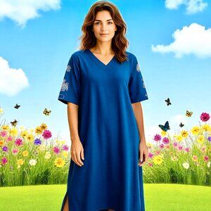 BLAIR Blue Pocket Knit Dress Midi Shift V-Neck Floral Sleeves Womens Med…